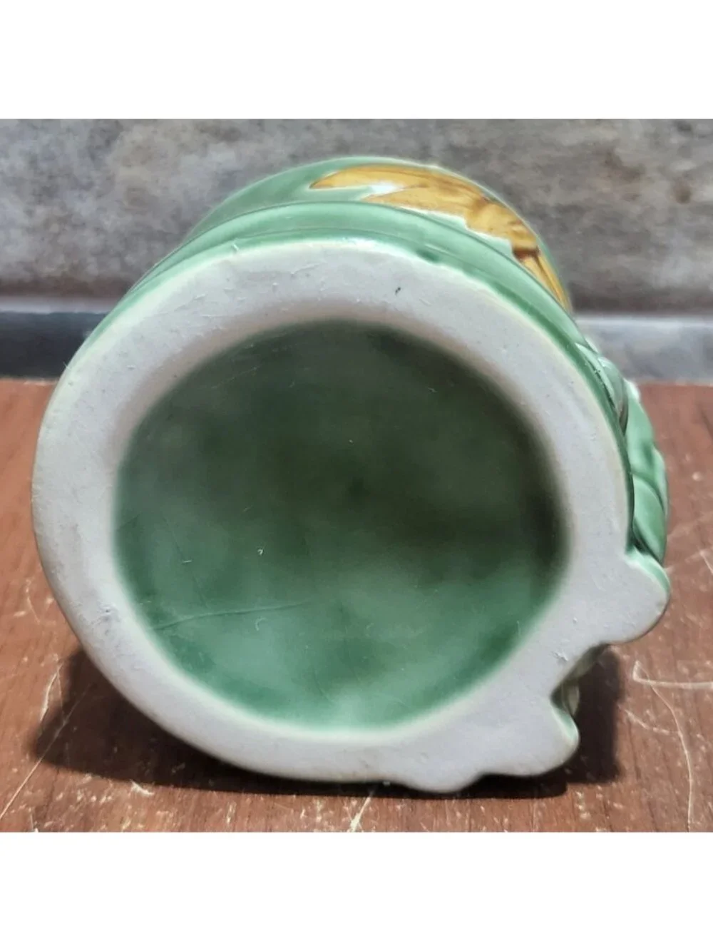 Vintage Majolica Green Ceramic Elephant Trunk Up Planter Pot Mid Century Decor